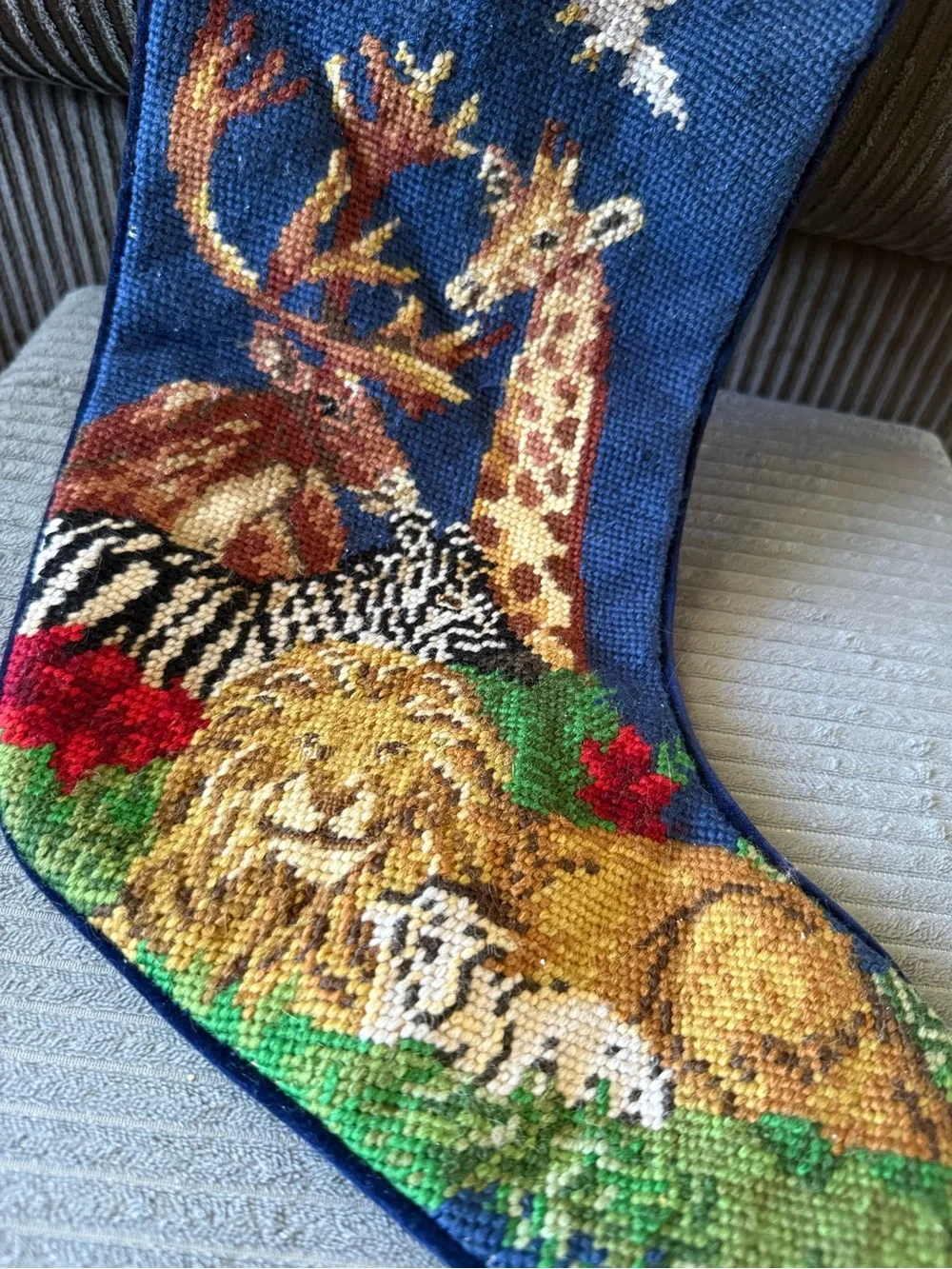 Vintage Blue Noah’s Art Wildlife Needlepoint Holiday Stocking Christmas